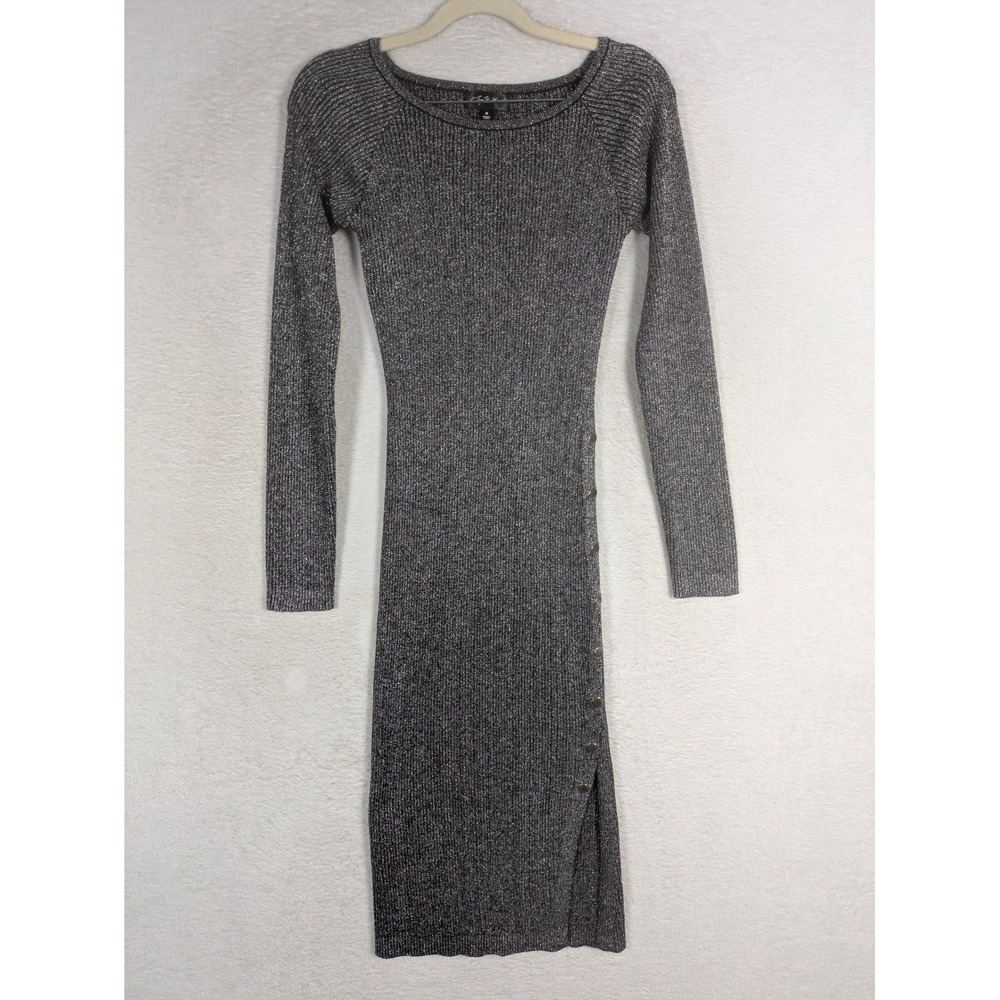 Say What Bodycon Dress Women's M Silver Metallic Ribbed Side Button Leg Slit